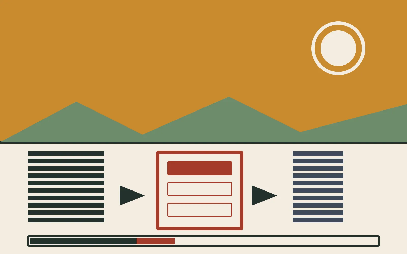 Under an ochre sky and green hills, a tall stack of dark bars passes through a small bounded window holding three slots, and emerges as a shorter stack. A capacity gauge along the bottom stays well short of full.