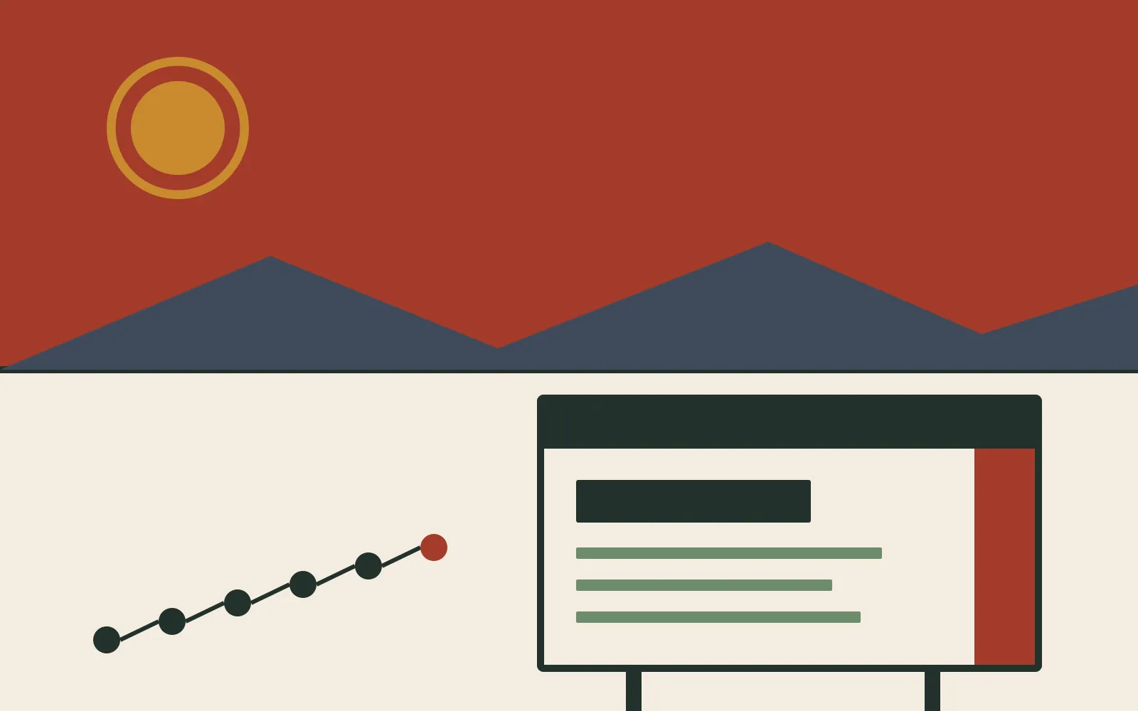 A trail of linked commit markers climbing across cream ground toward a trailside signboard on posts, which carries a dark header bar, a title block, ruled lines and a red edge, under a sienna sky with a low sun.